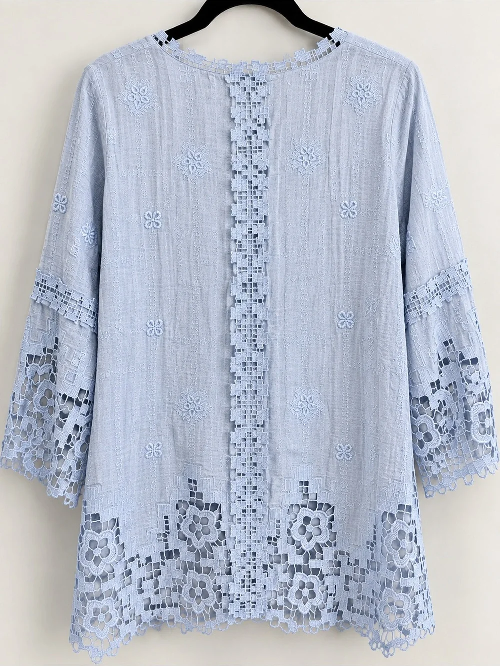 Soft Surroundings Pale Blue V-Neck Crochet & Lace Tunic